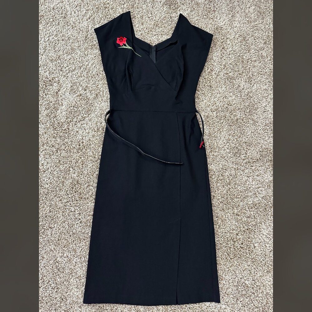 Black NWOT Stop Staring Bodycon Roses Pinup Rockabilly Retro Midi Swing 30s XL - Picture 11 of 13